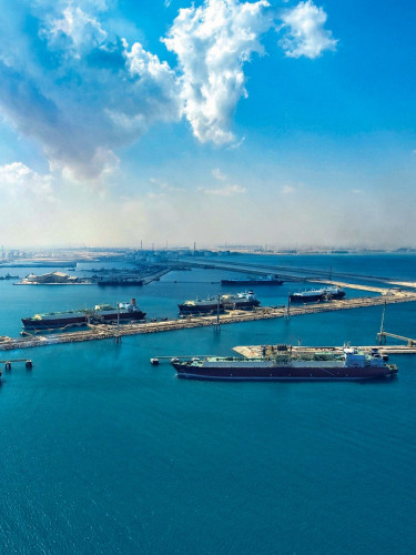 Aerial view of LNG ships at port in Qatar