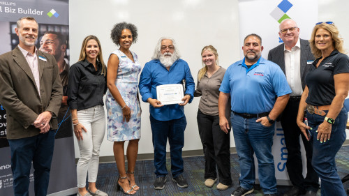 One of the students holding up her graduation certificates.