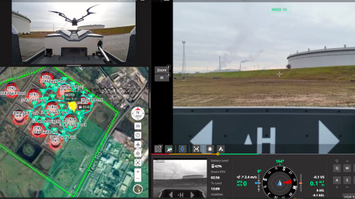 An autonomous DJI drone returns to its docking station 