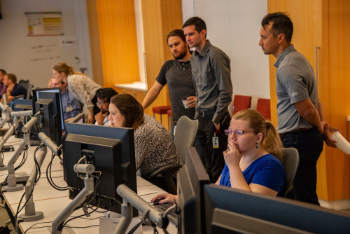 A room of employees going through a training session