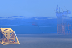 A rendering of oilfield equipment on the seabed floor