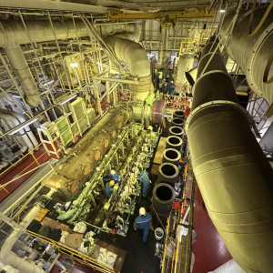 Maintenance crews work on one of the Polar Endeavour's engines. 