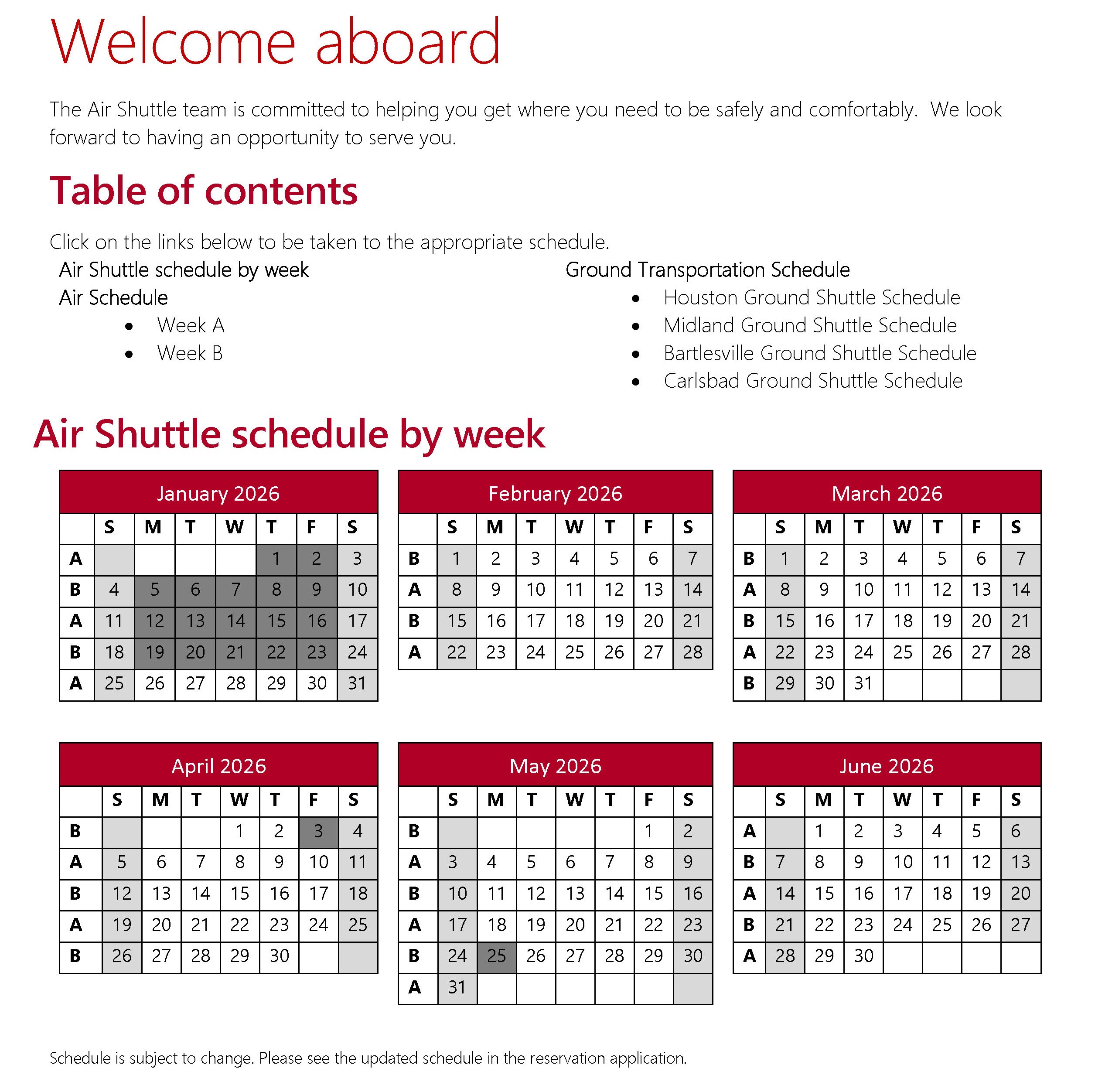Air shuttle weekly schedule