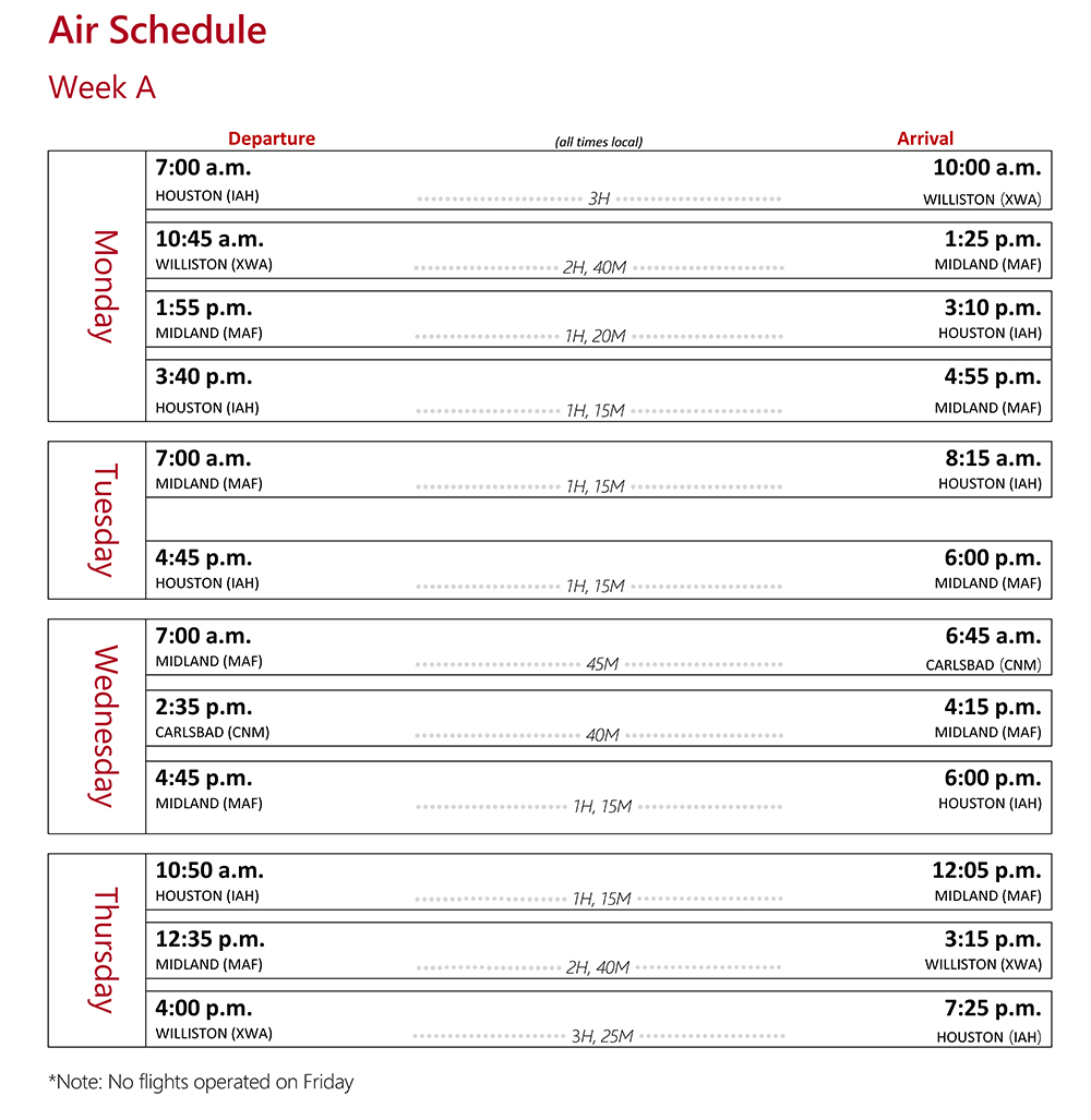 Air shuttle schedule Week A