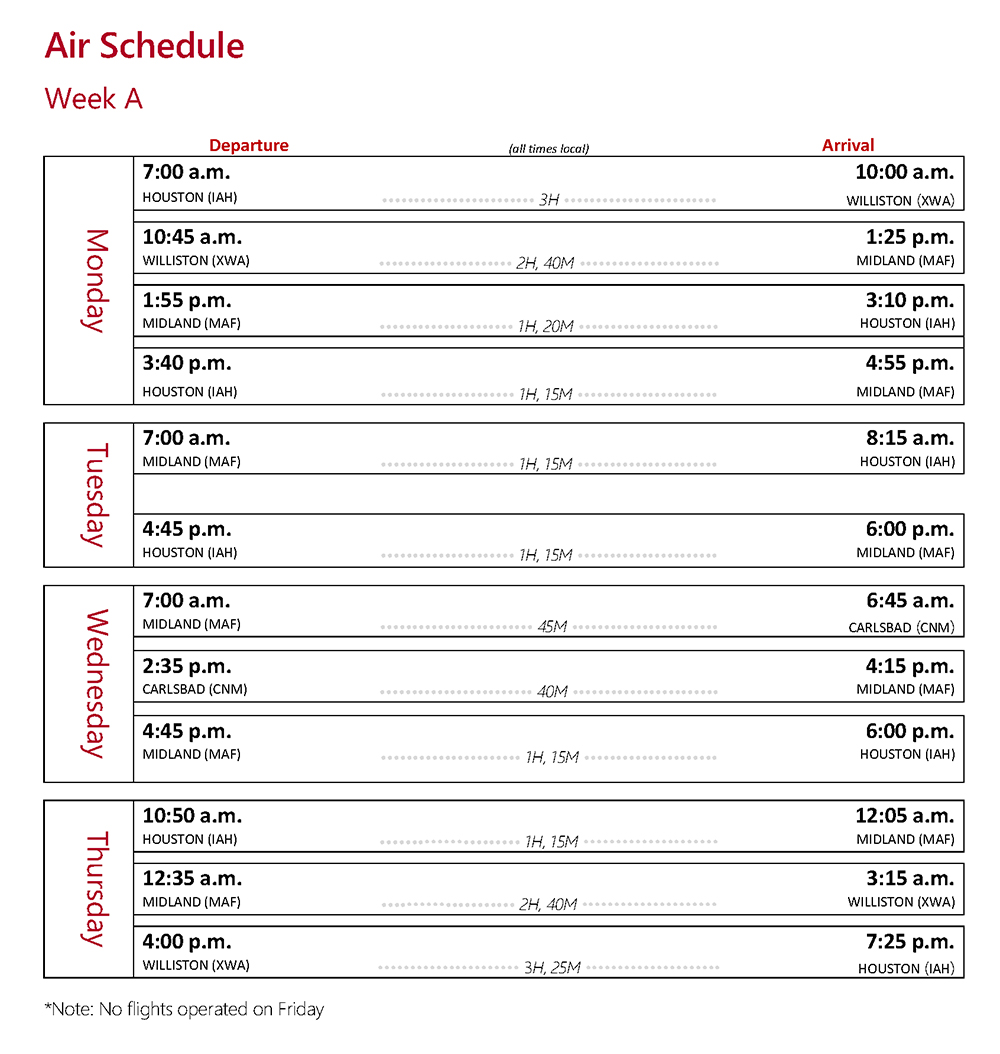 Air shuttle schedule Week A