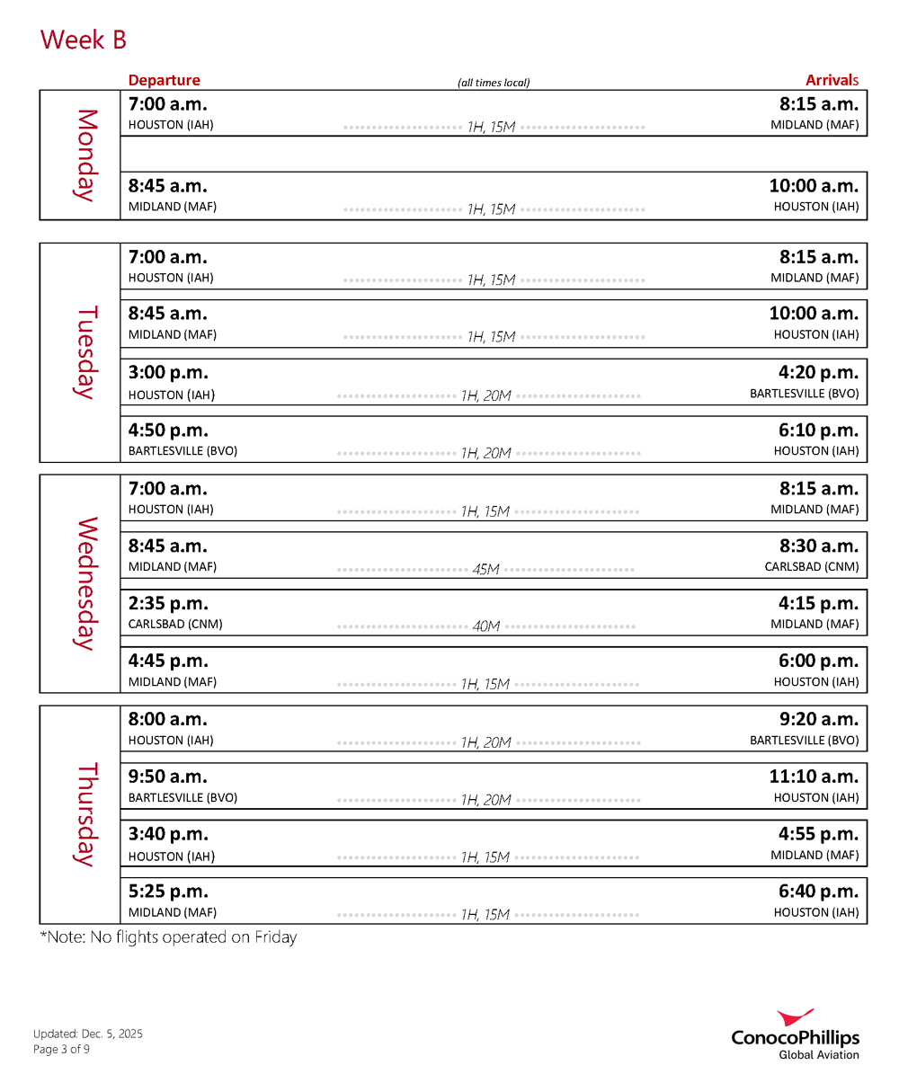Air shuttle schedule Week B