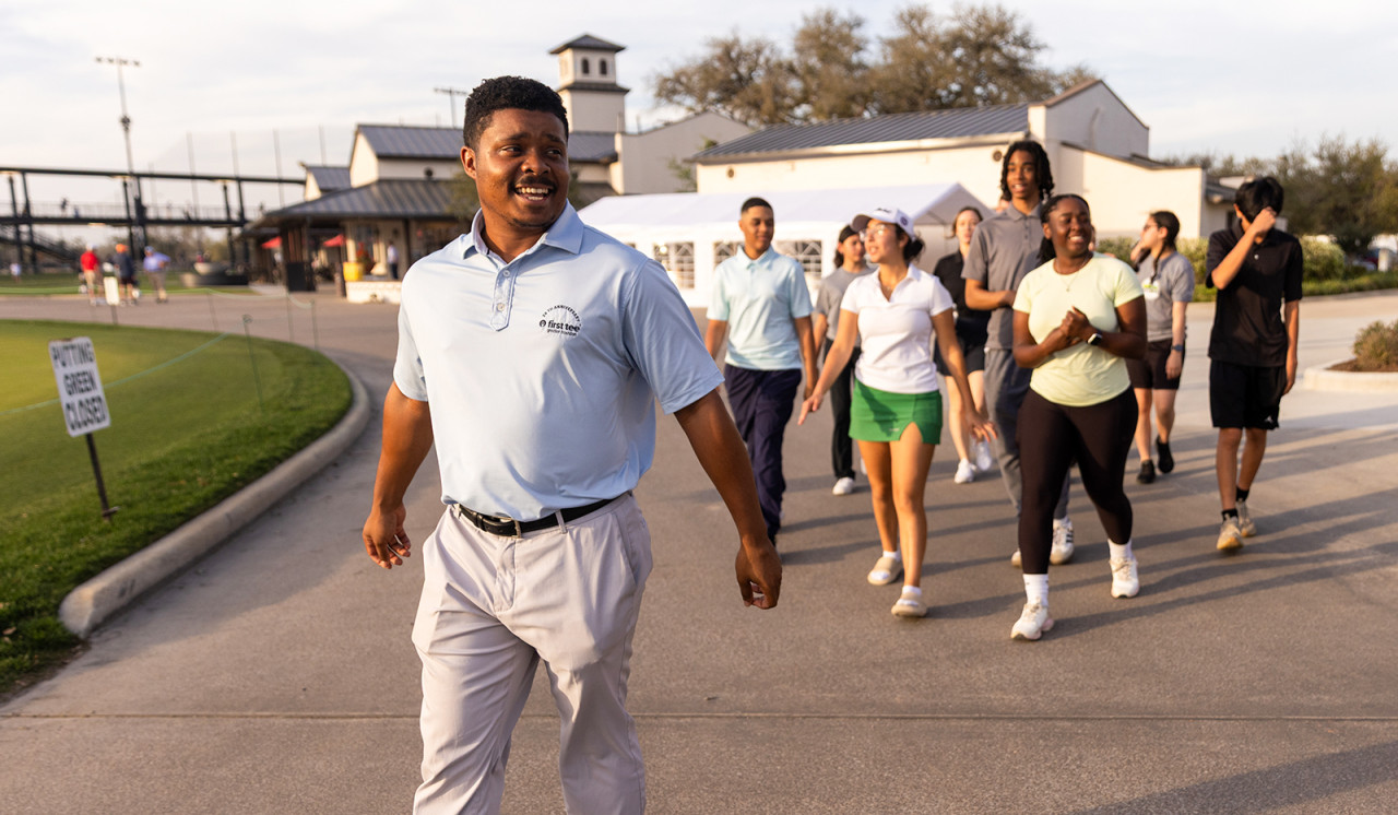 Nick guides student participants on a tour of Memorial Park Golf Course