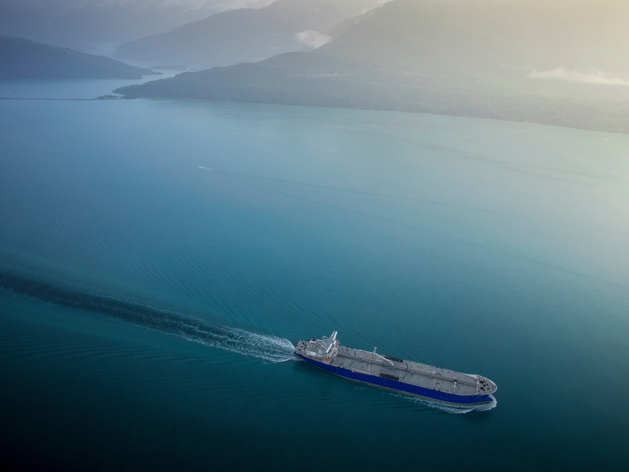 aerial view of polar tanker ship at sea