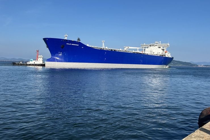 The Polar Endeavour departs dry dock for a sea trial after maintenance in South Korea.