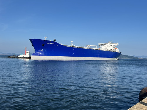 The Polar Endeavour departs dry dock for a sea trial after maintenance in South Korea.