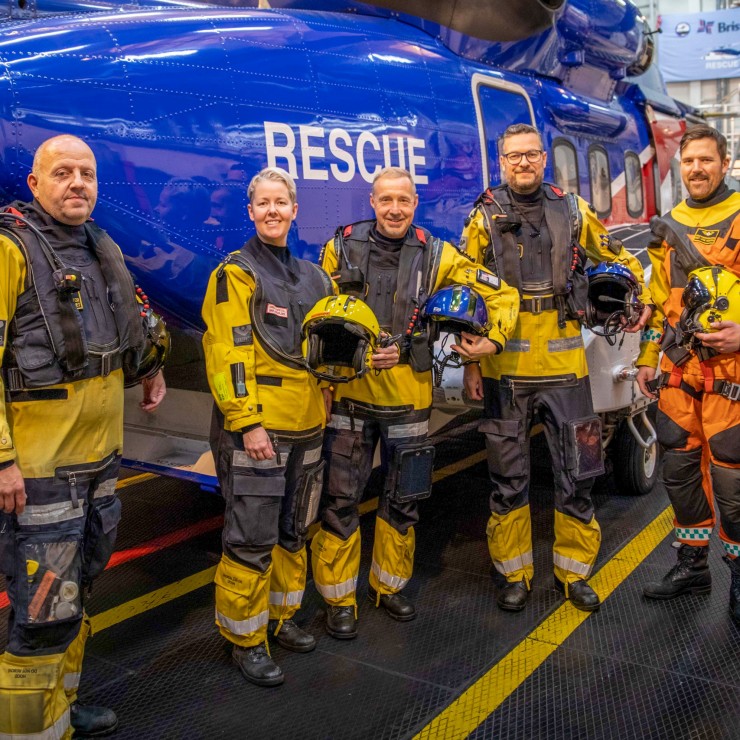 HSE Coordinator Annelin Havrevoll, second from left, with Search And Rescue (SAR) Team colleagues, John Søraunet, Trond Bjerkum, Casper Cappelen Smith and Knut Arne Haraldsen. Each SAR Team has an anesthetic nurse, two pilots, a winch operator and a rescu