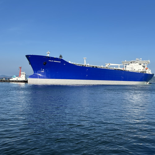 The Polar Endeavour departs dry dock for a sea trial after maintenance in South Korea.