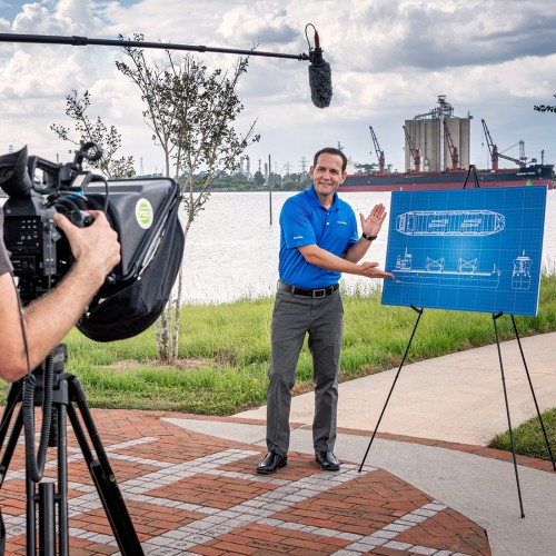 ConocoPhillips employee Jared Leigh films his Problem Solvers segment.