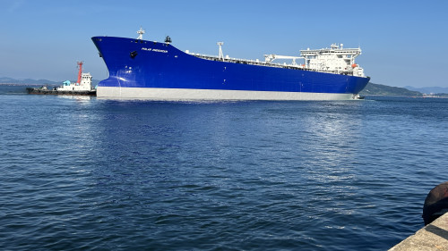 The Polar Endeavour departs dry dock for a sea trial after maintenance in South Korea.